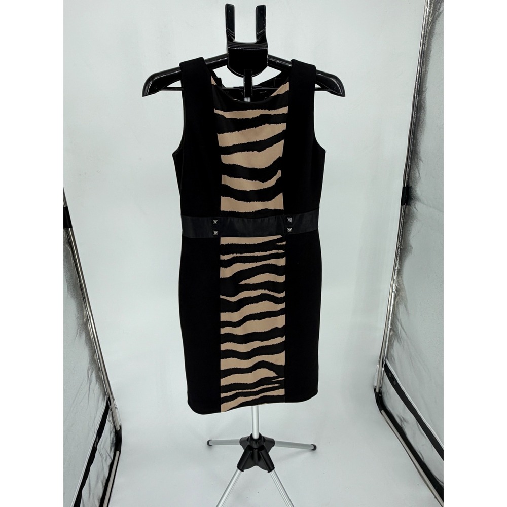 Tahari Arthur S. Levine Sheath Dress Women 6 Black Tan Excellent Zebra Studded
